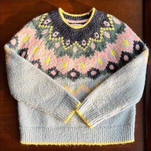 Mini Boden Cozy Multicolor Fair Isle Wool Sweater - Light Blue & Pink